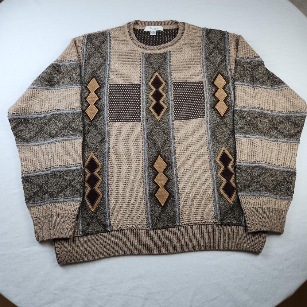 Turnbury Vintage 90s Geometric Abstract Knit Sweater Tan Grey Made in Italy XL